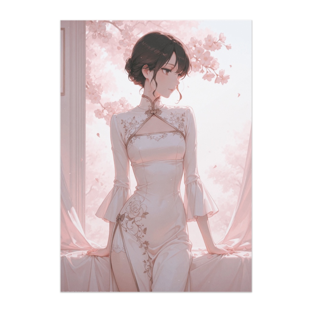 桜舞う窓辺の白き麗人