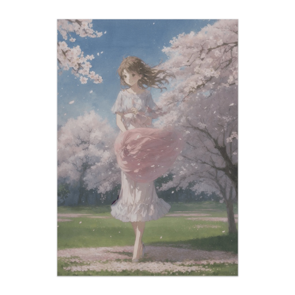 桜風に包まれて – 春色ワンピースの透明感アートポスター