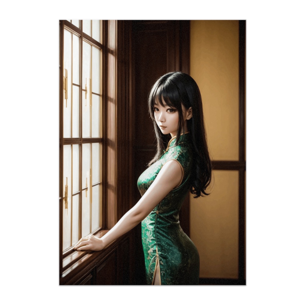 翡翠チャイナドレスの美女 — 静かな窓辺のエレガンス