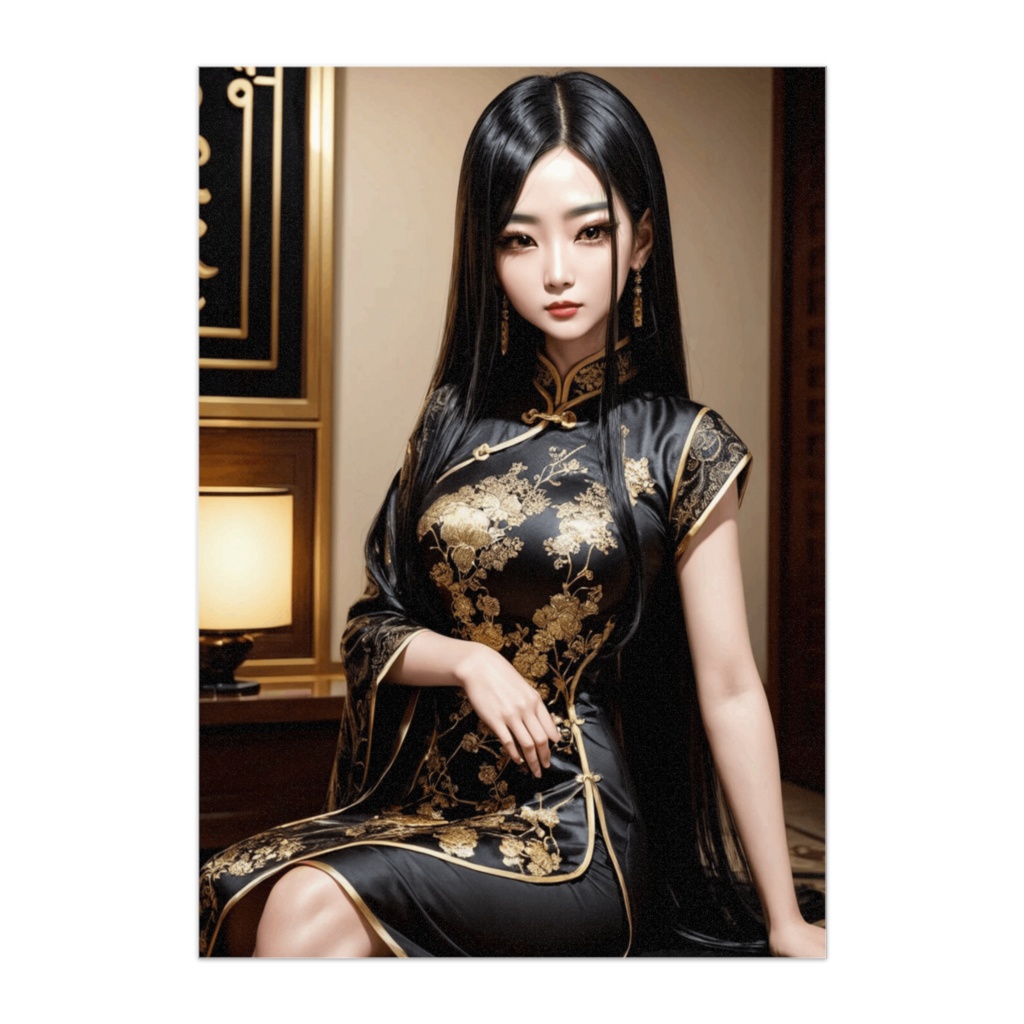 黒金チャイナドレスの美女 — 気品漂うクラシックポートレート