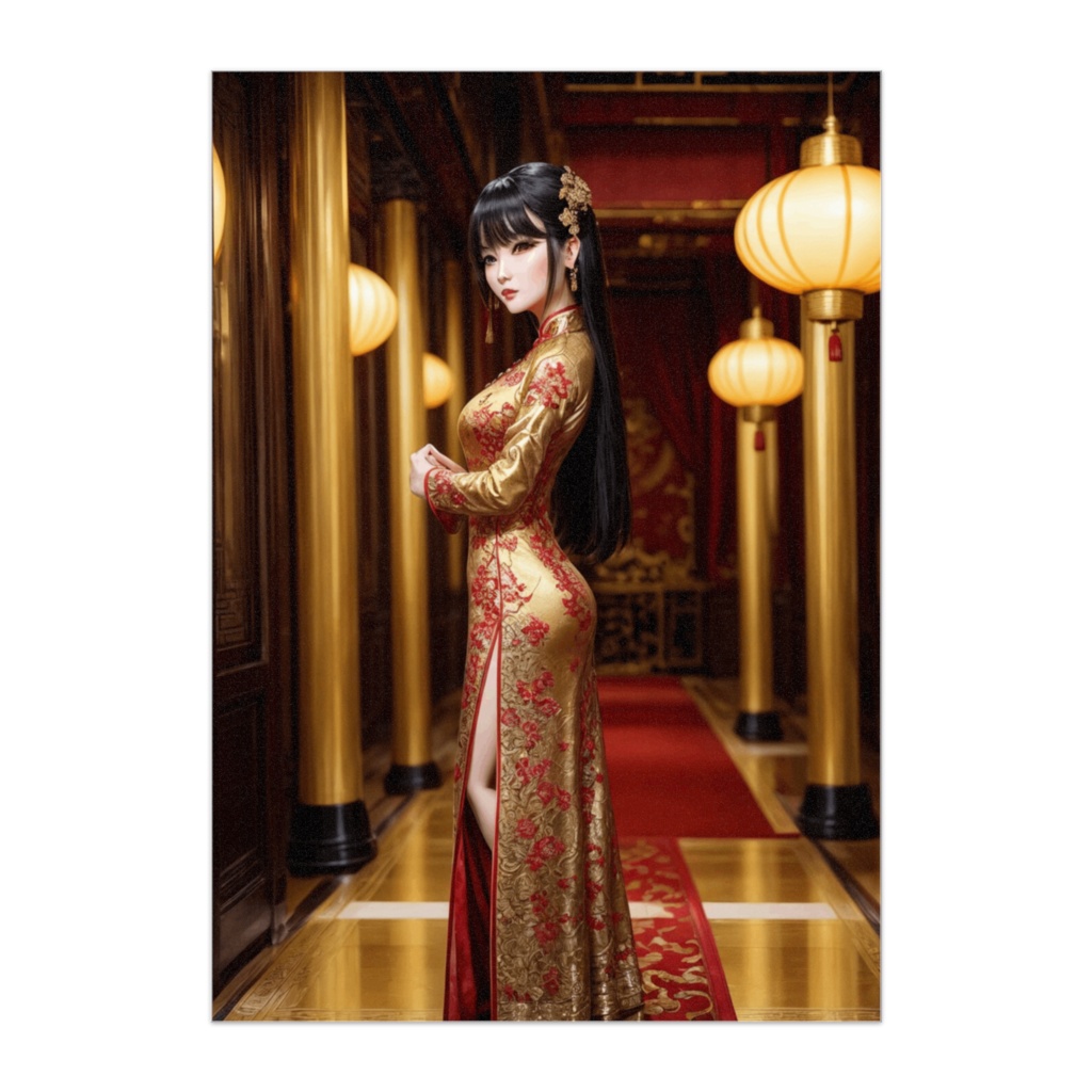 金刺繍チャイナドレスの美女 — 宮殿ランタンの華やかな夜