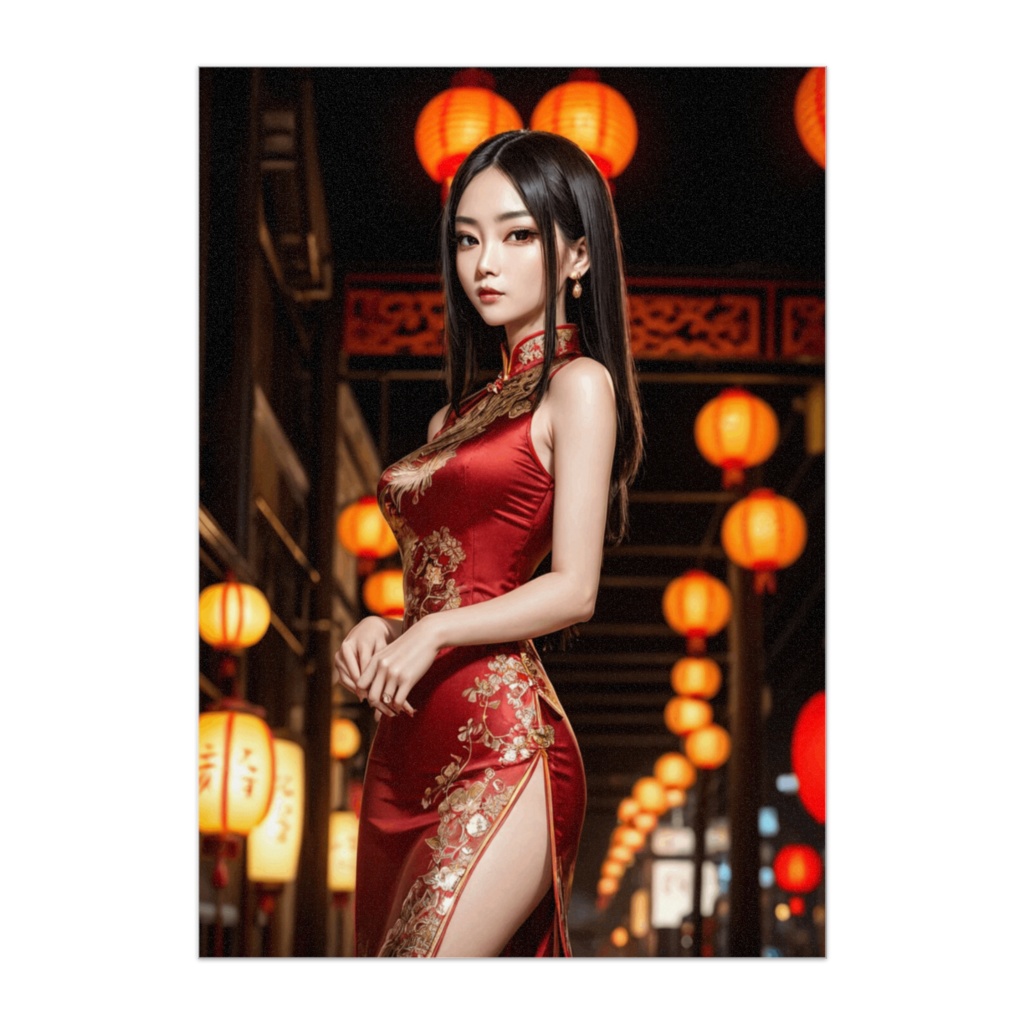 紅チャイナドレスの美女 — ランタン街に映える東洋の魅力