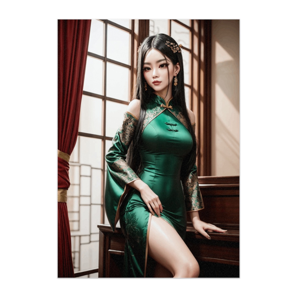 翡翠グリーンのチャイナドレス美女 — 窓辺のクラシックエレガンス