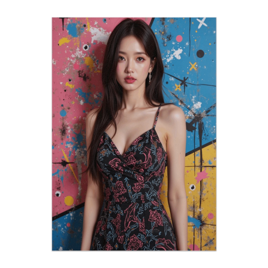 ポップアート壁とリアル美女｜カラフルグラフィティポートレート