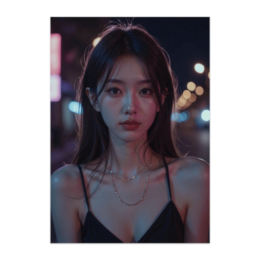 ネオンナイトポートレート ― 都会の光に照らされる黒キャミの美女