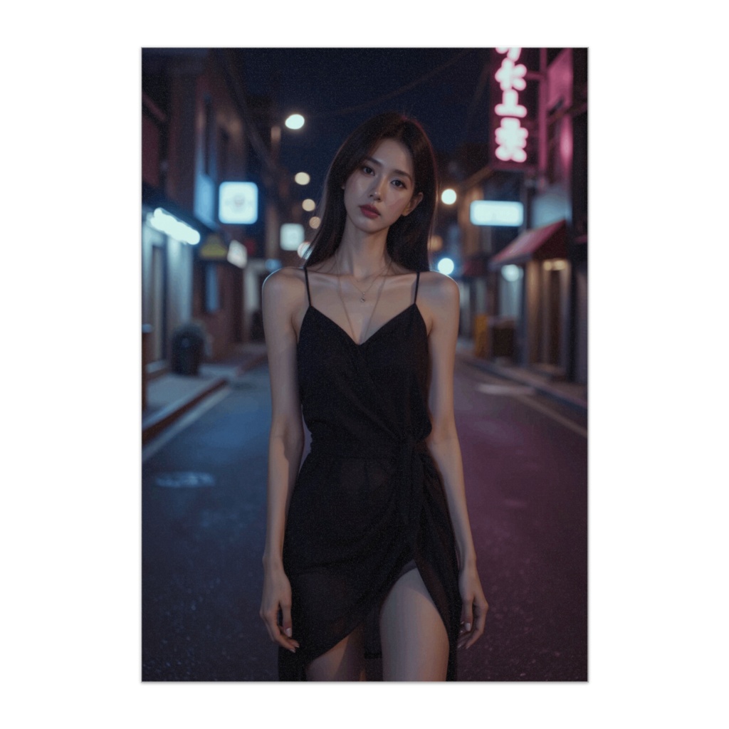 ネオンナイトドレス ― 黒シルクワンピースの夜街ポートレート