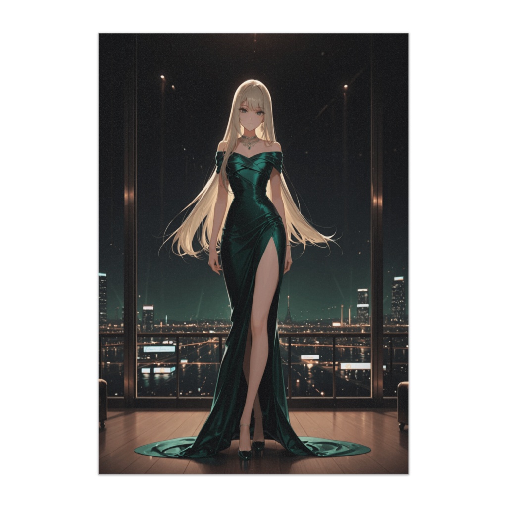 都会の夜景に立つエメラルドドレスの美女
