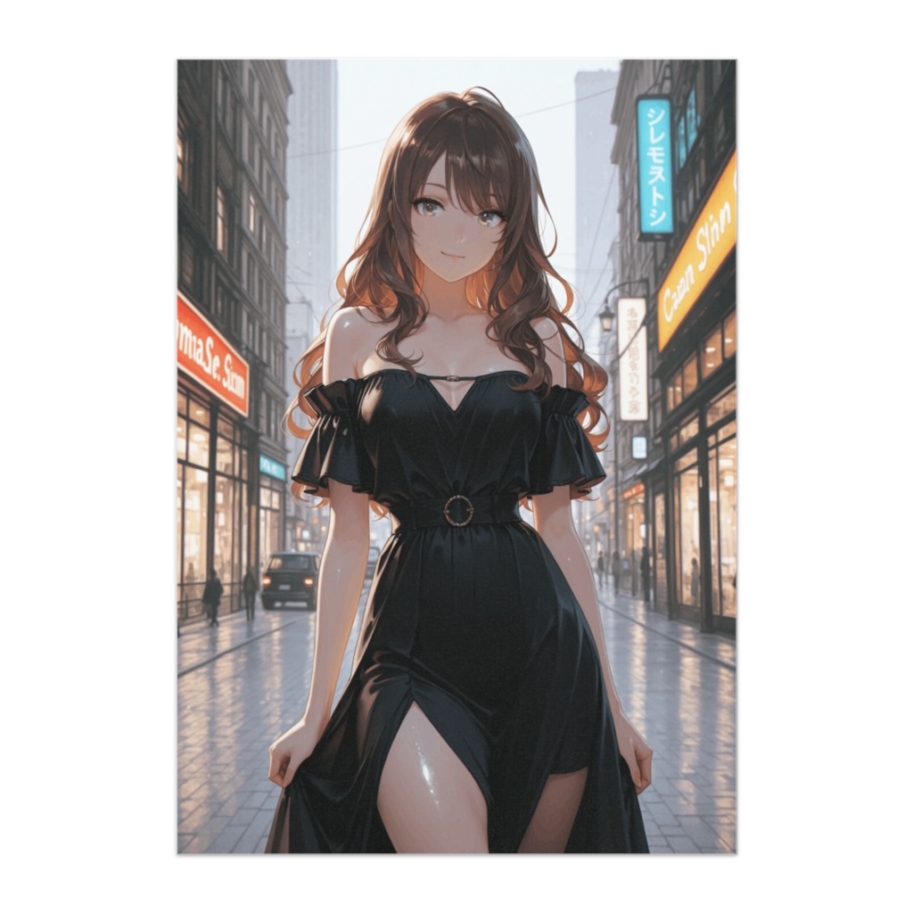 都会の街に立つエレガントな黒ドレス美女ポスター