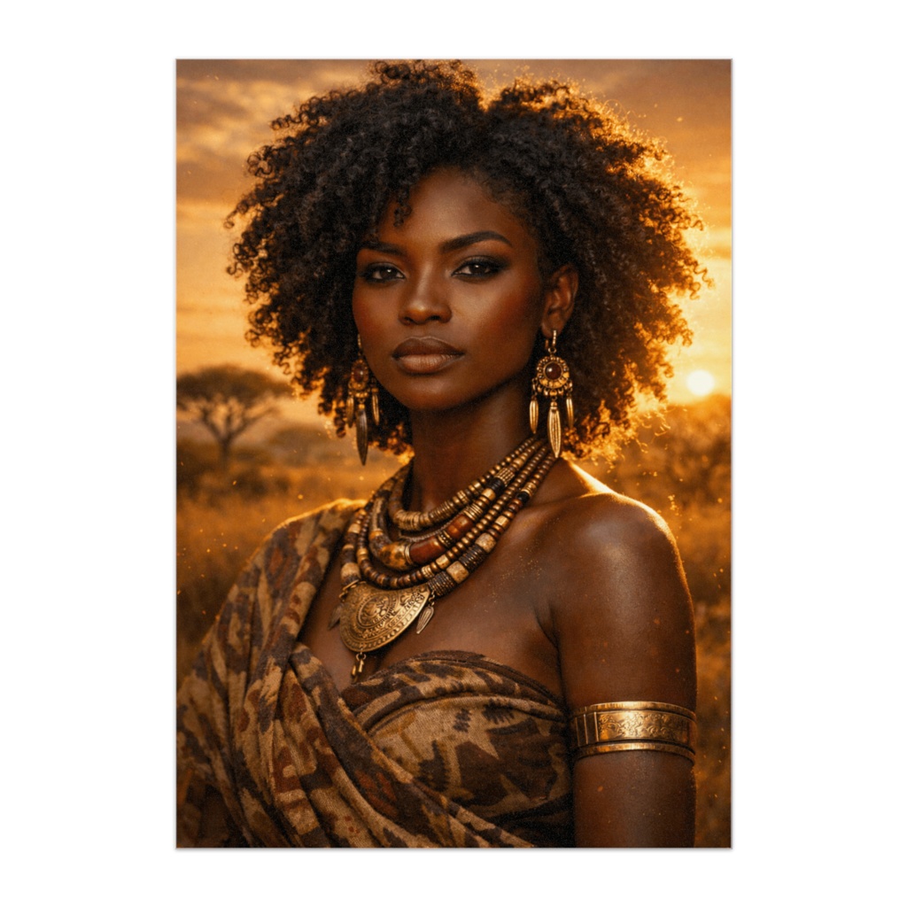 サバンナの夕日に輝くアフリカ美女ポスター