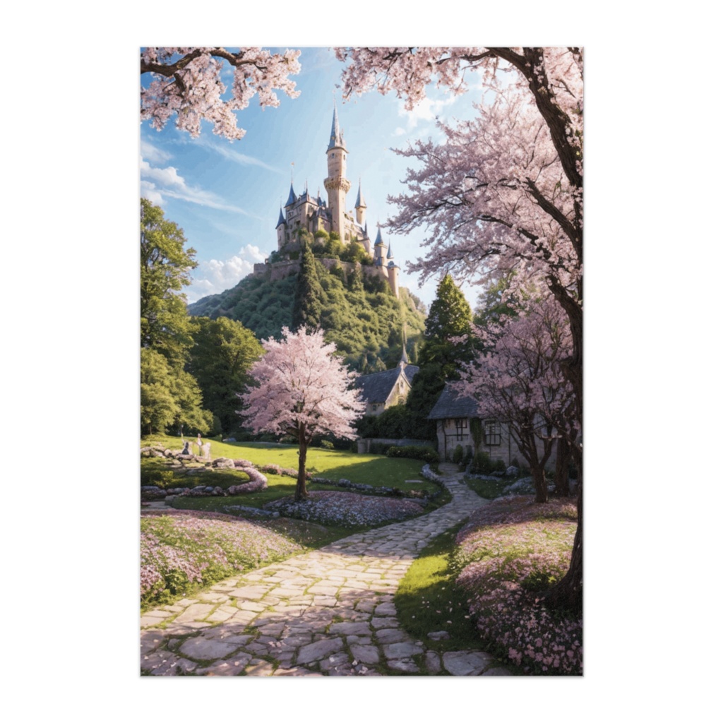 桜咲く丘の城と花の庭園ポスター