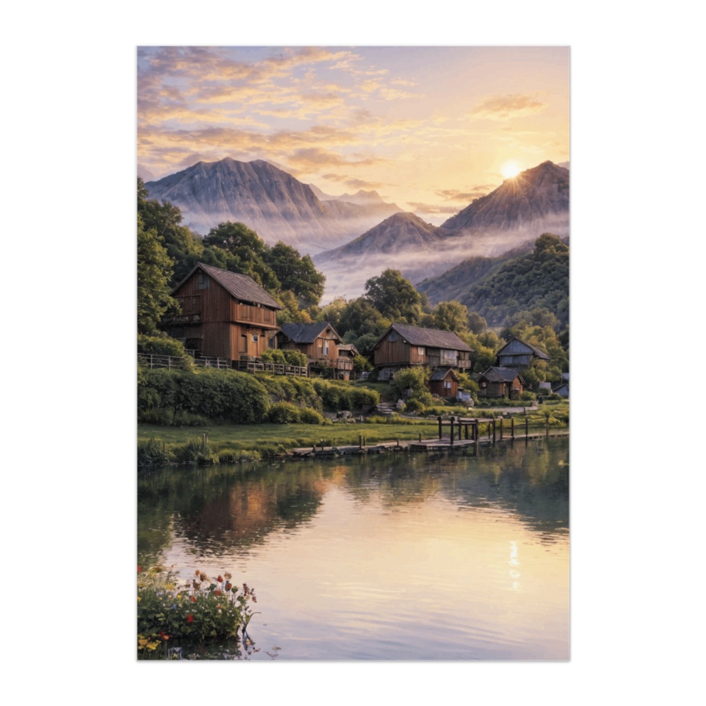 湖畔の山村と夕焼けの風景ポスター