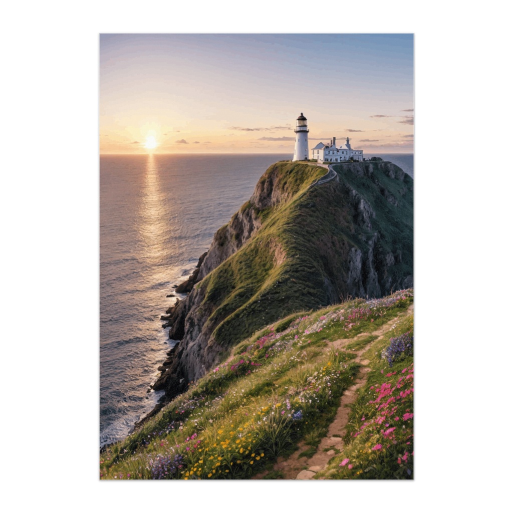 海辺の崖と灯台の夕景ポスター