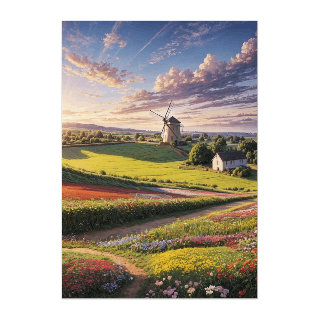 花畑の丘と風車の風景ポスター