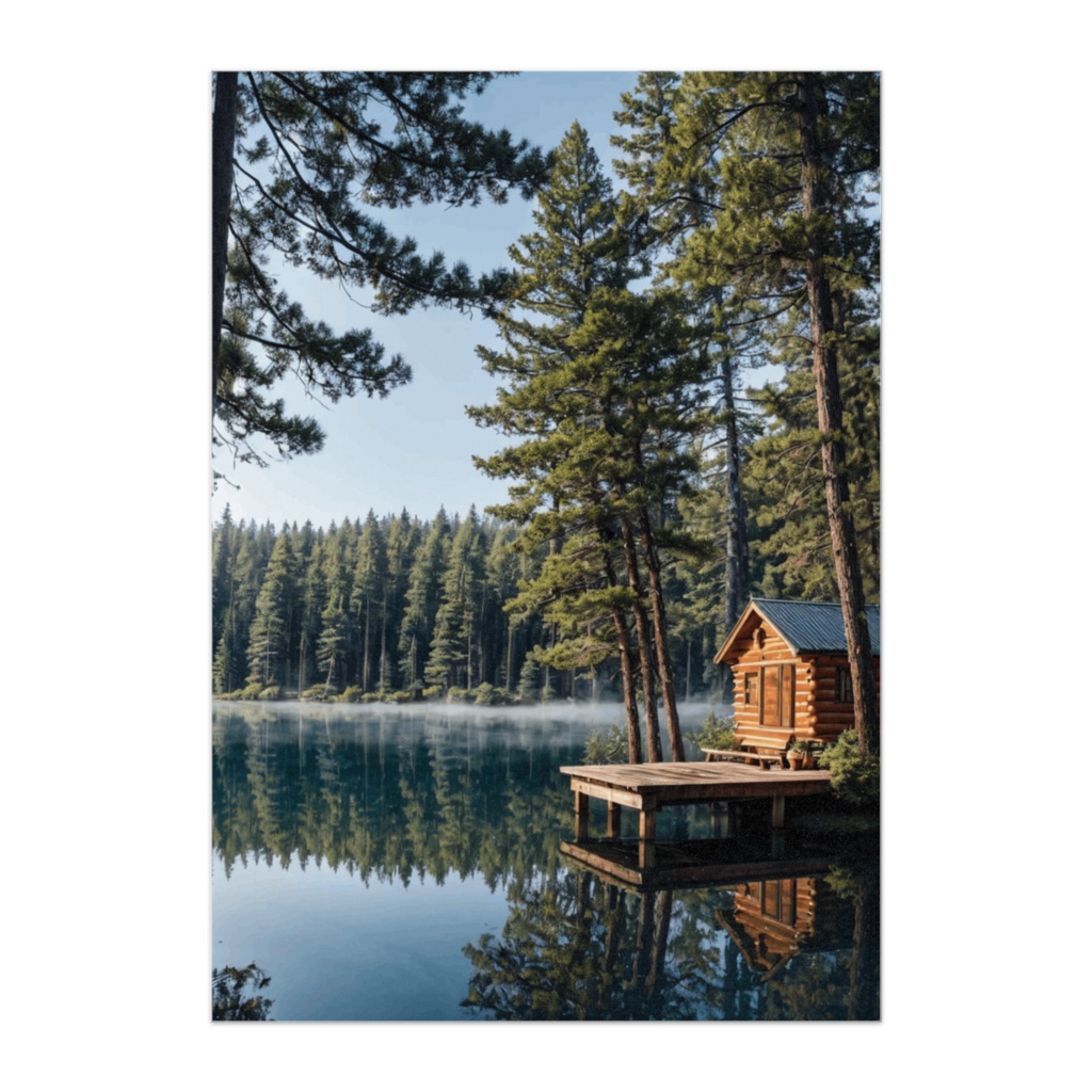 森の湖とログハウスの静かな風景ポスター
