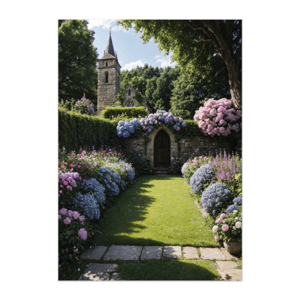 花の庭園と石造り教会の風景ポスター
