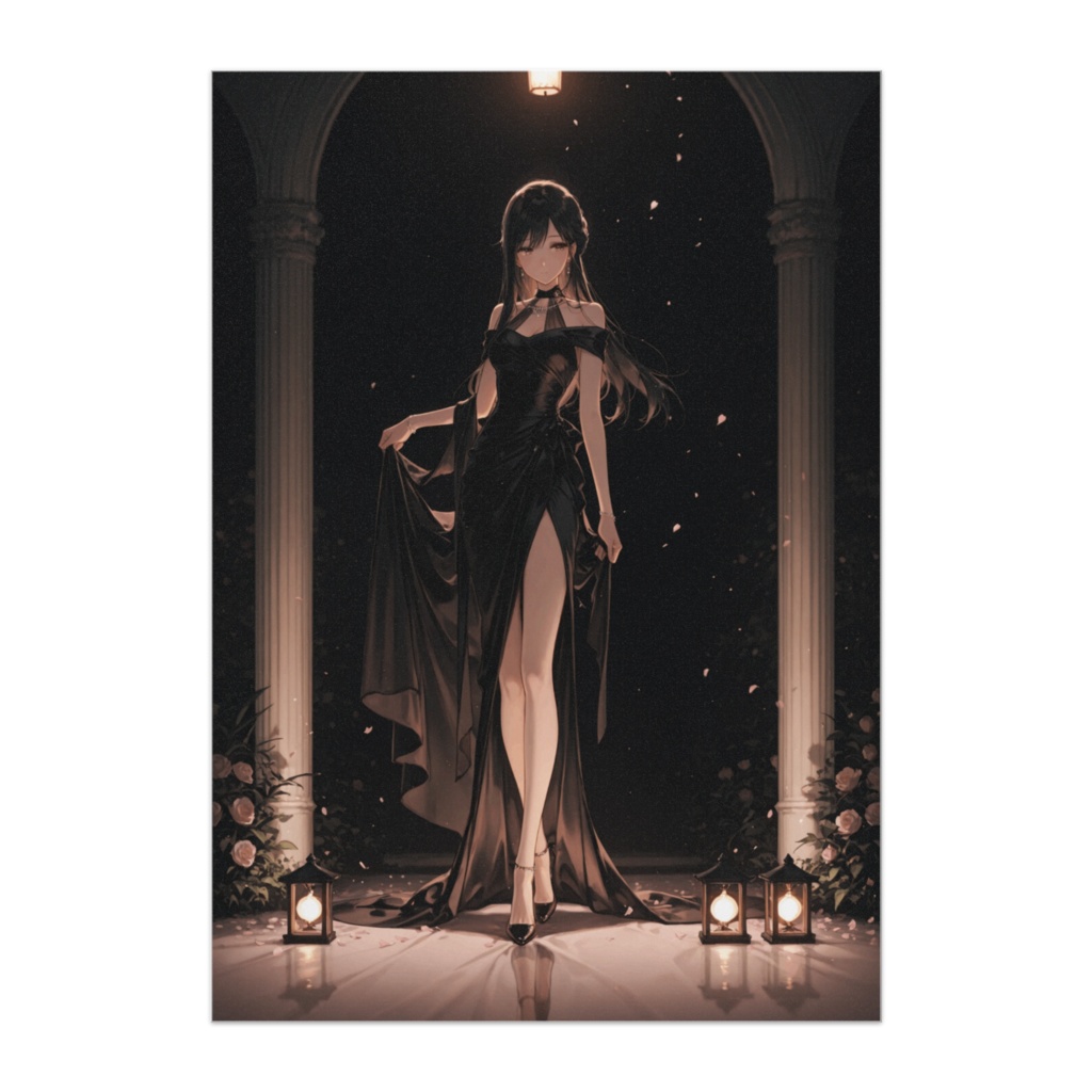 月夜の庭園に立つ黒ドレスの美女ポスター