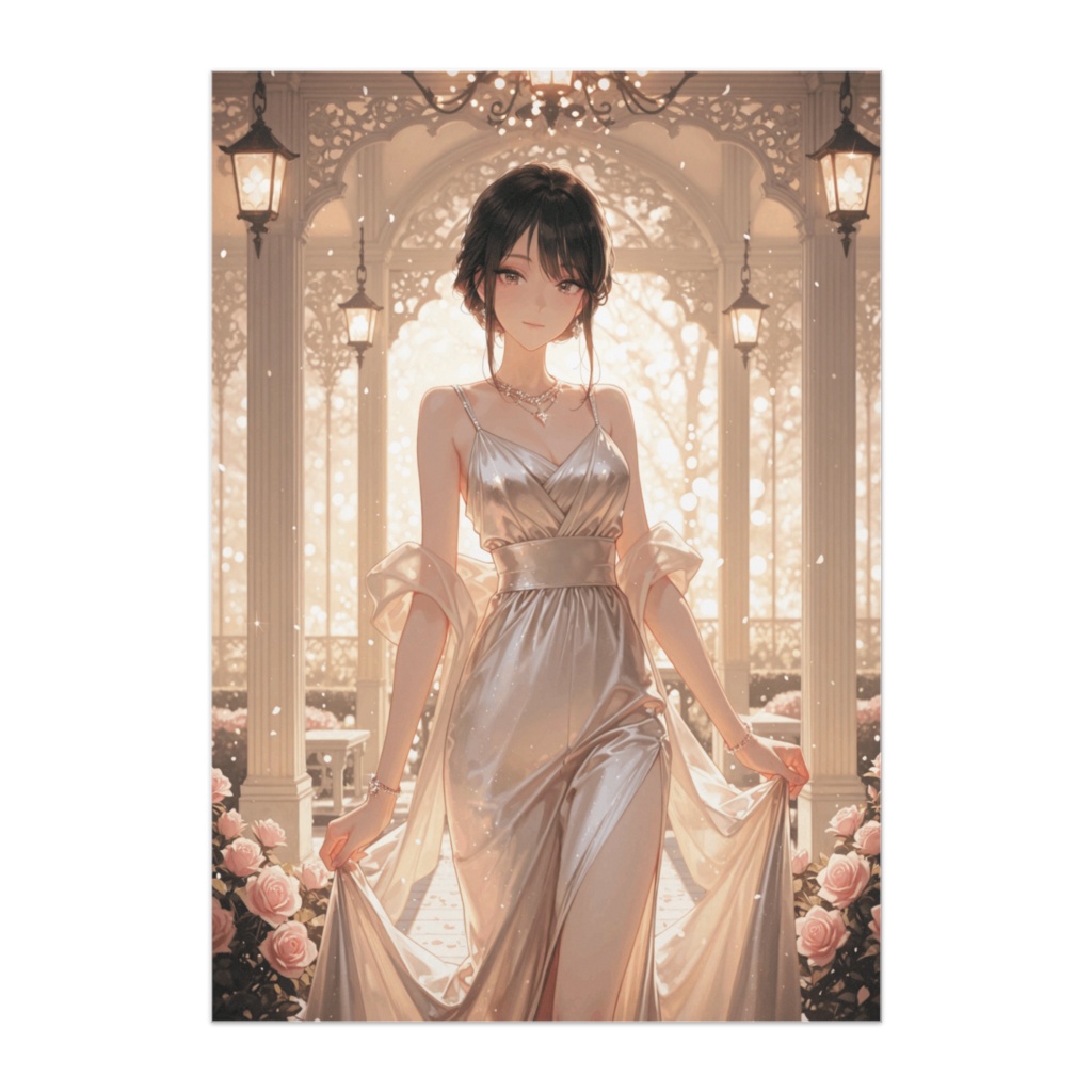 銀色のイブニングドレスの美女 ― ローズガーデンの光