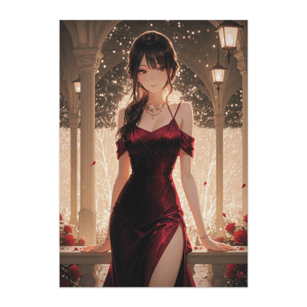 ワインレッドドレスの美女 ― 夜のローズガーデン