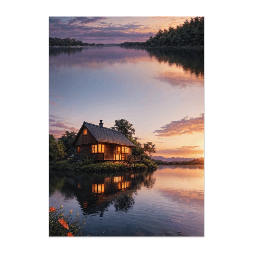 夕暮れ湖のコテージポスター