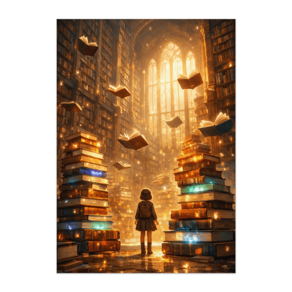 光に包まれた巨大図書館のファンタジーポスター