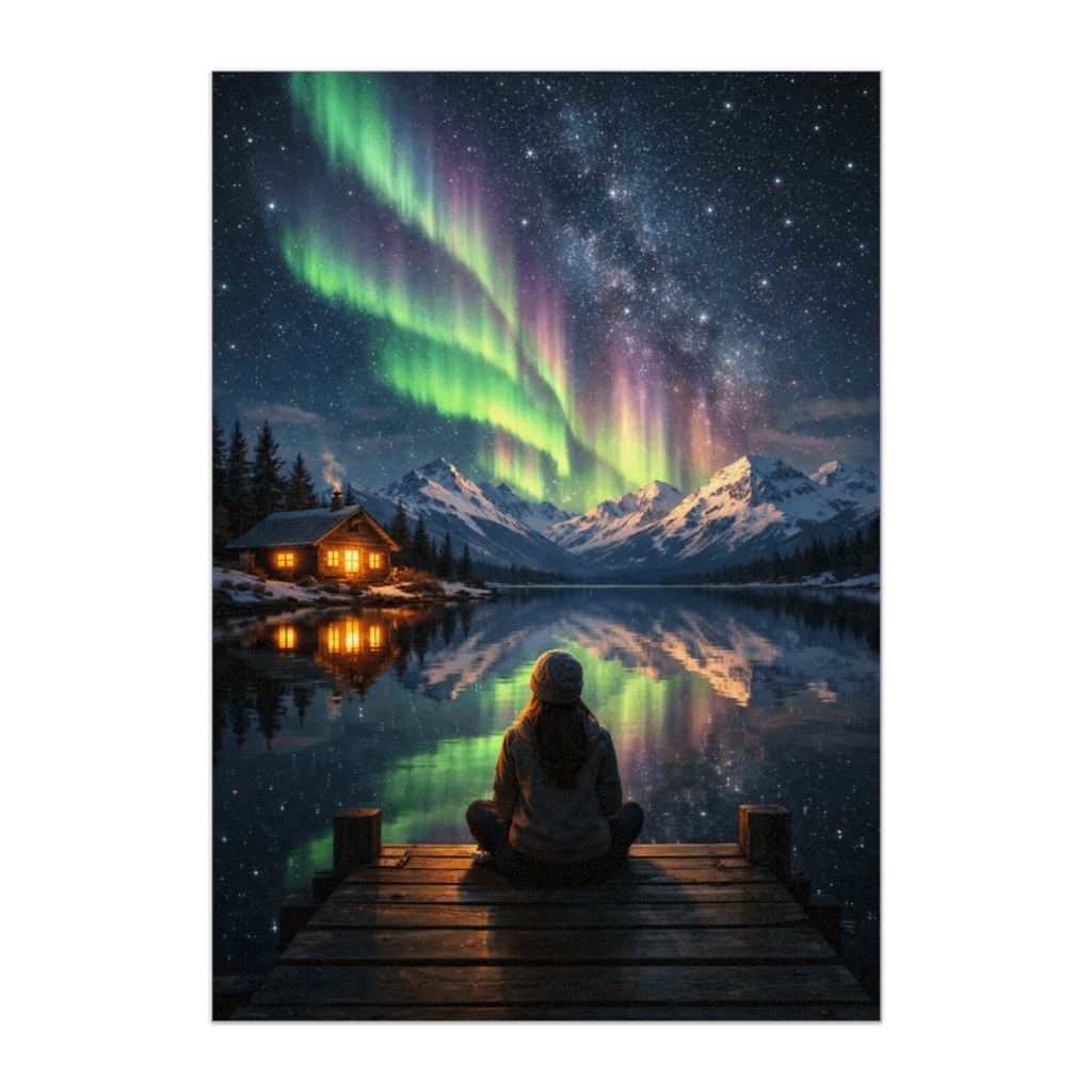 オーロラと湖の静かな夜ポスター