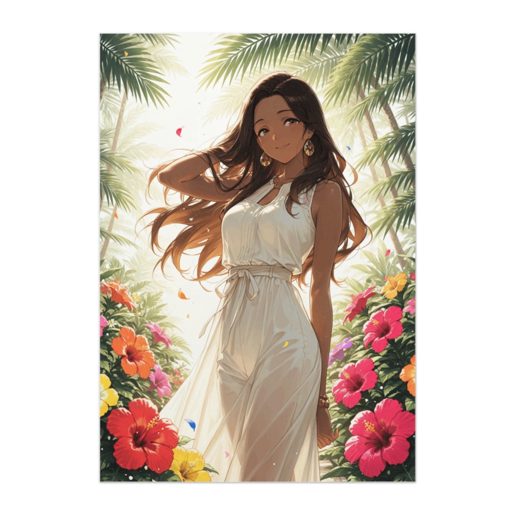 トロピカルフラワーガーデンの褐色美女ポスター