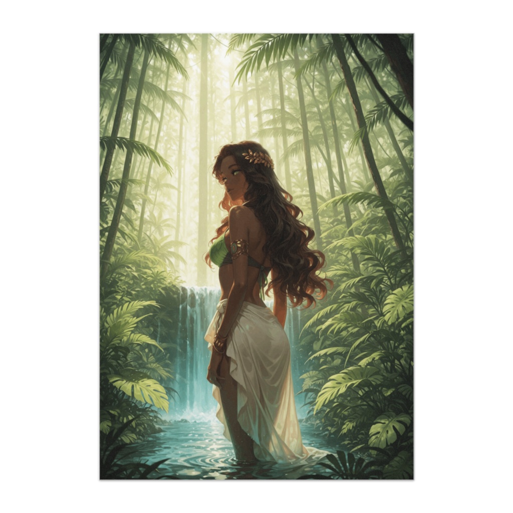 ジャングルの滝に佇む褐色の女神ポスター