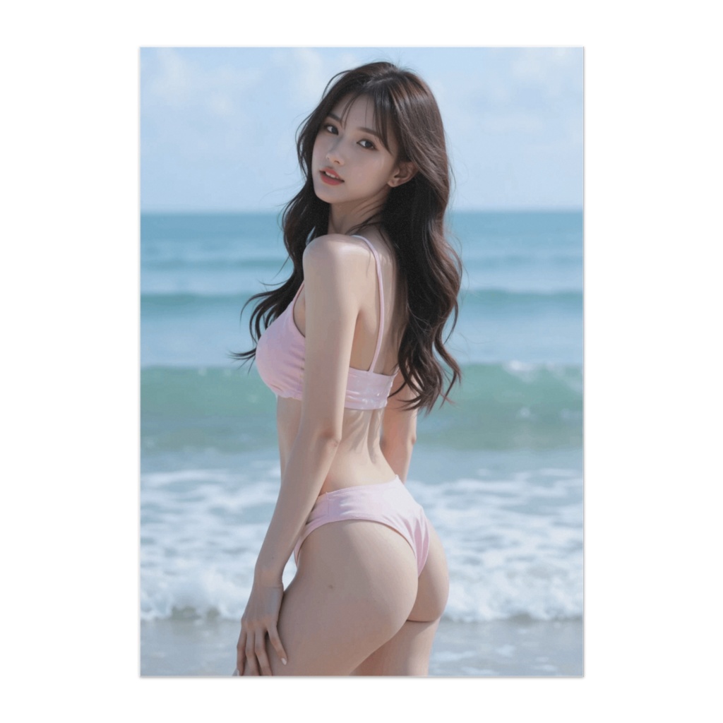 Pink Bikini Beach Turn – Elegant Summer Ocean Portrait