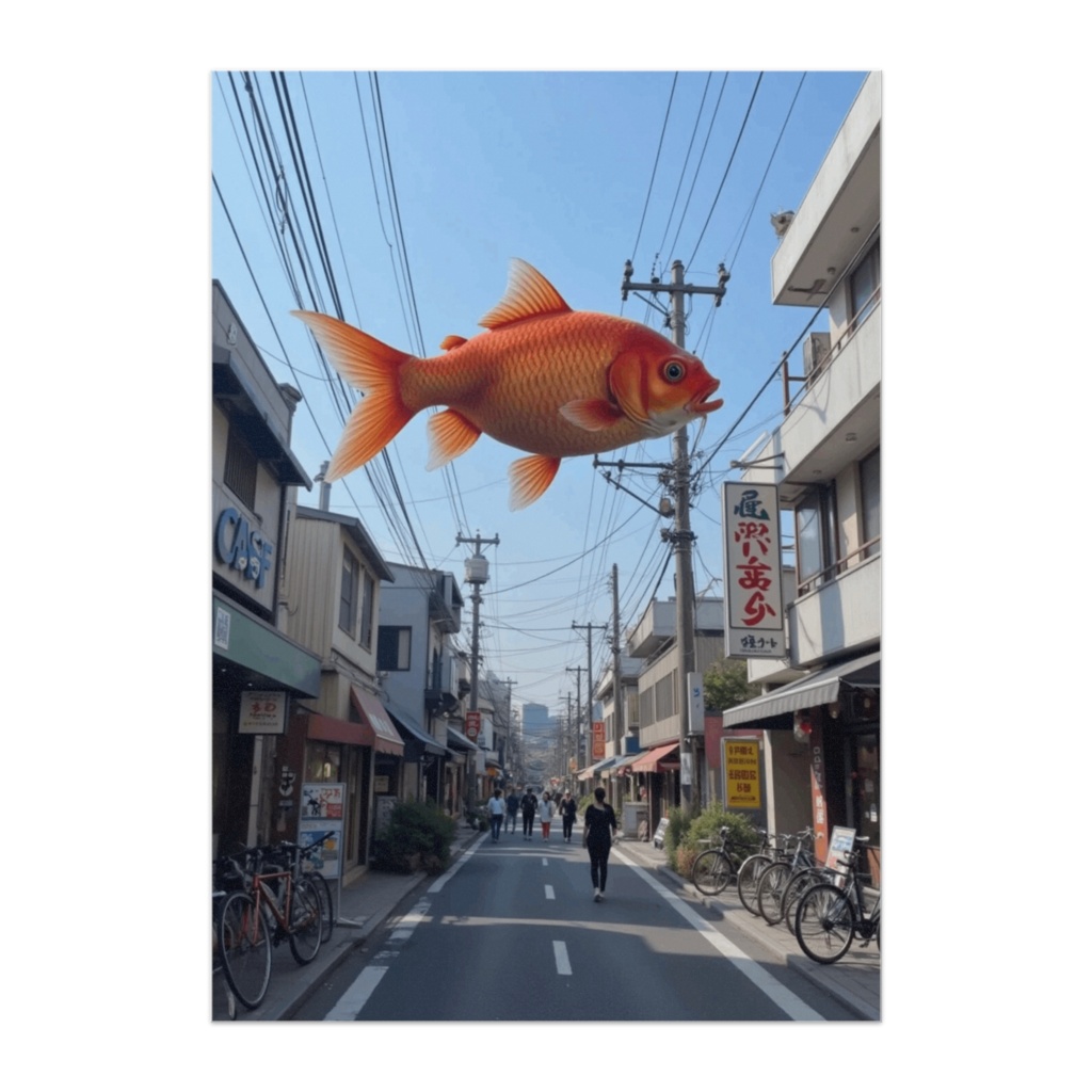 空を泳ぐ巨大金魚 – 都市ファンタジーシュールポスター