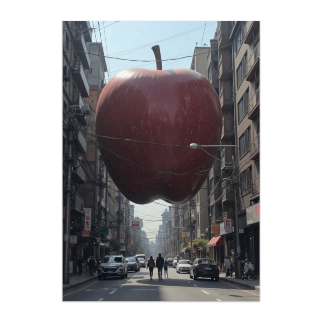 街に現れた巨大リンゴ – シュール都市ファンタジーポスター