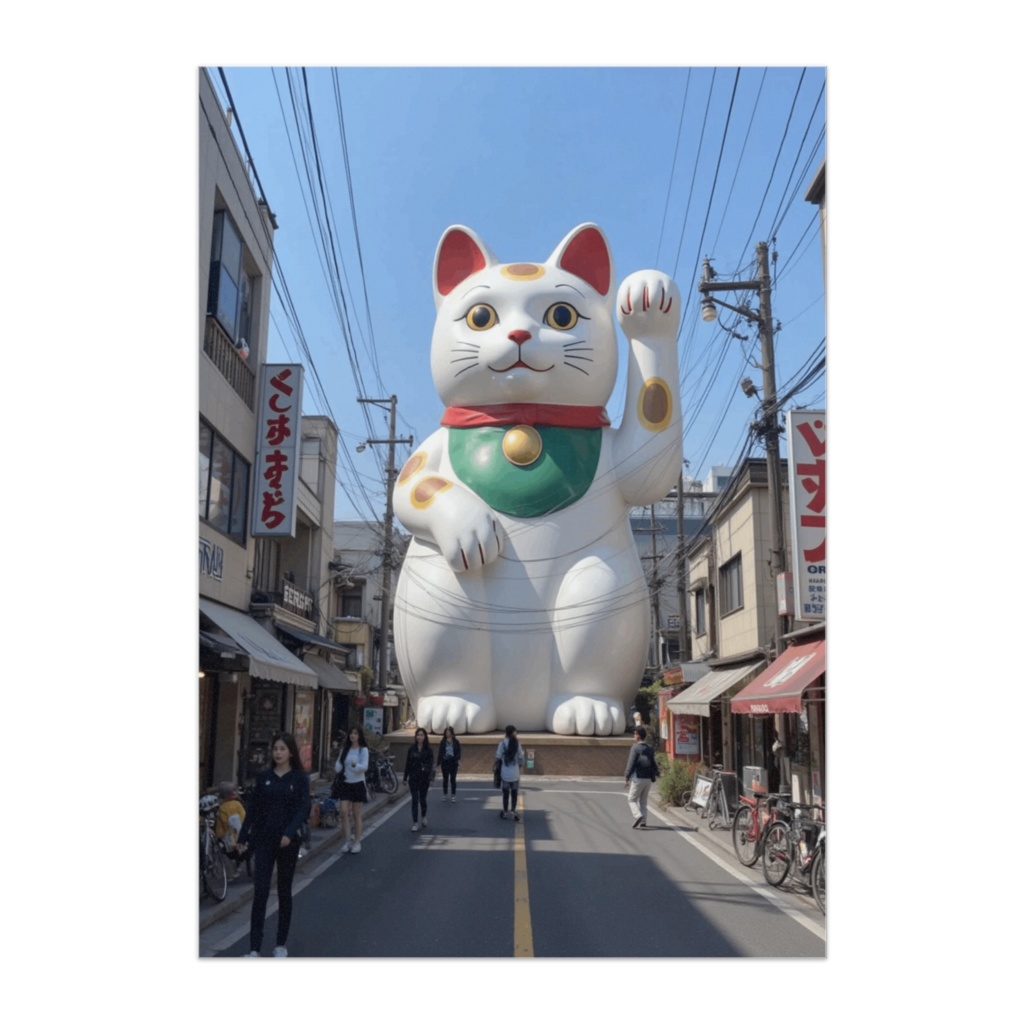 街を見守る巨大招き猫 – 日本シュールファンタジーポスター