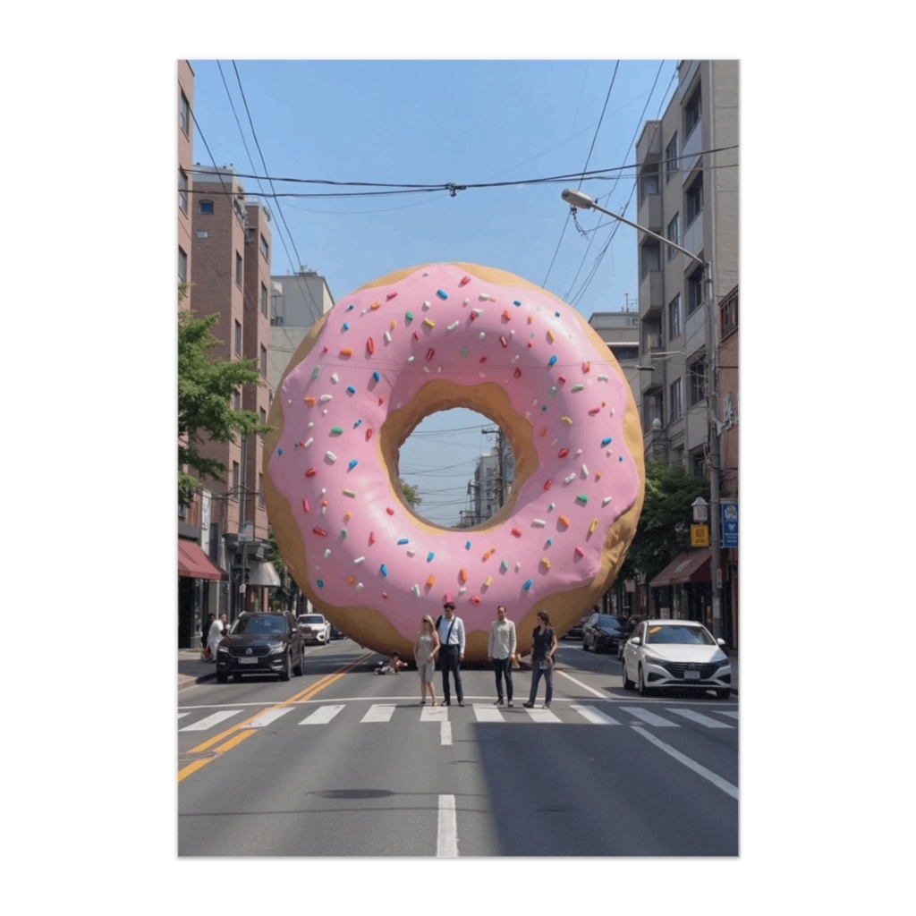 街を塞ぐ巨大ドーナツ – ポップシュール都市ファンタジーポスター