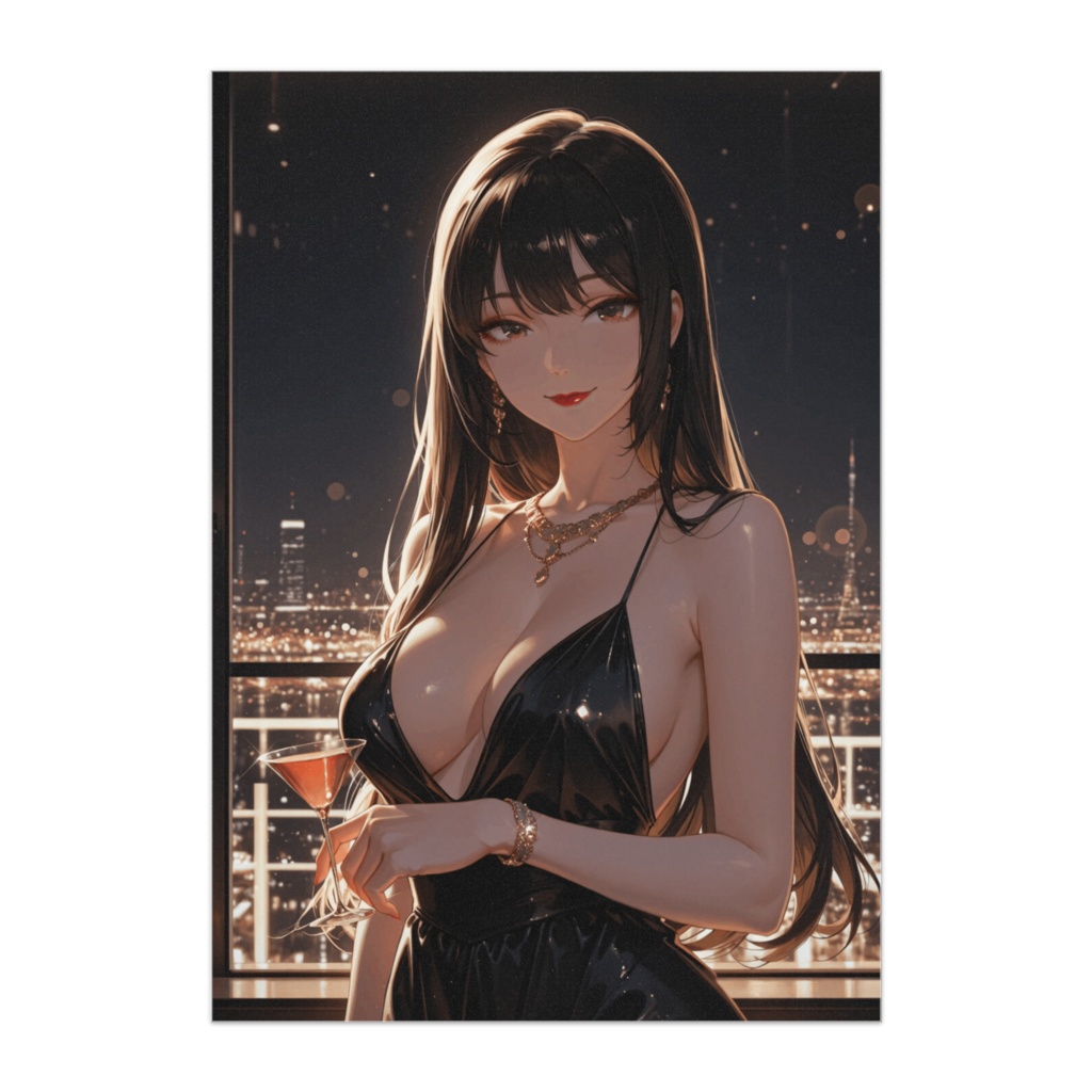 夜景バーで微笑む黒ドレスの美女ポスター
