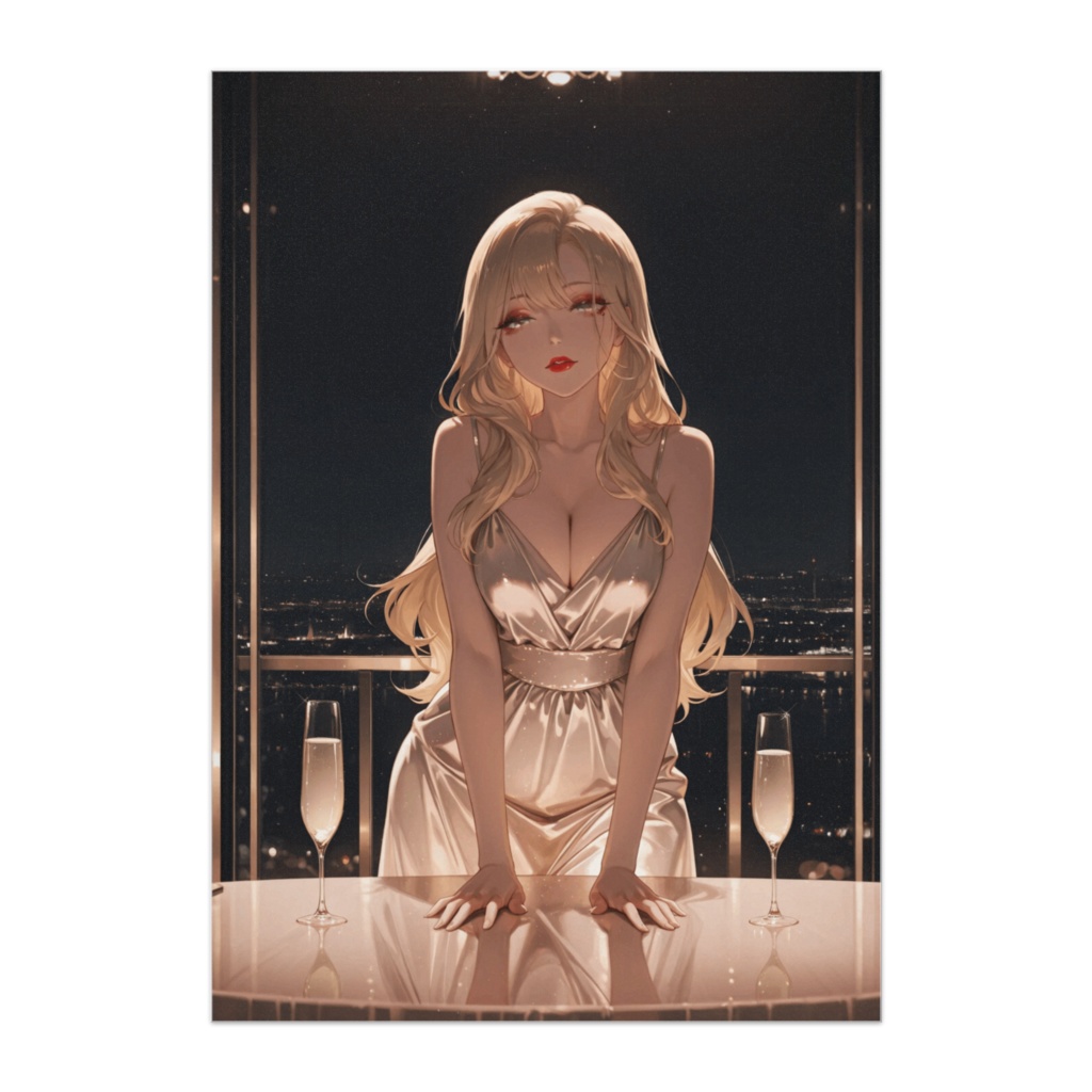 夜景レストランで輝くゴールドドレス美女ポスター