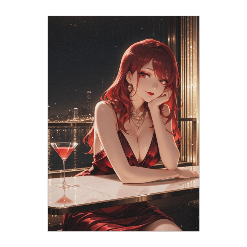 夜景バーで微笑む赤ドレスの美女ポスター