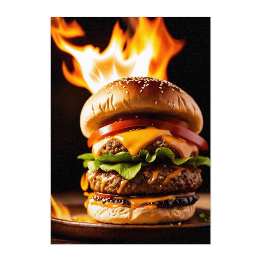 炎に包まれたチーズバーガーのシネマティックポスター