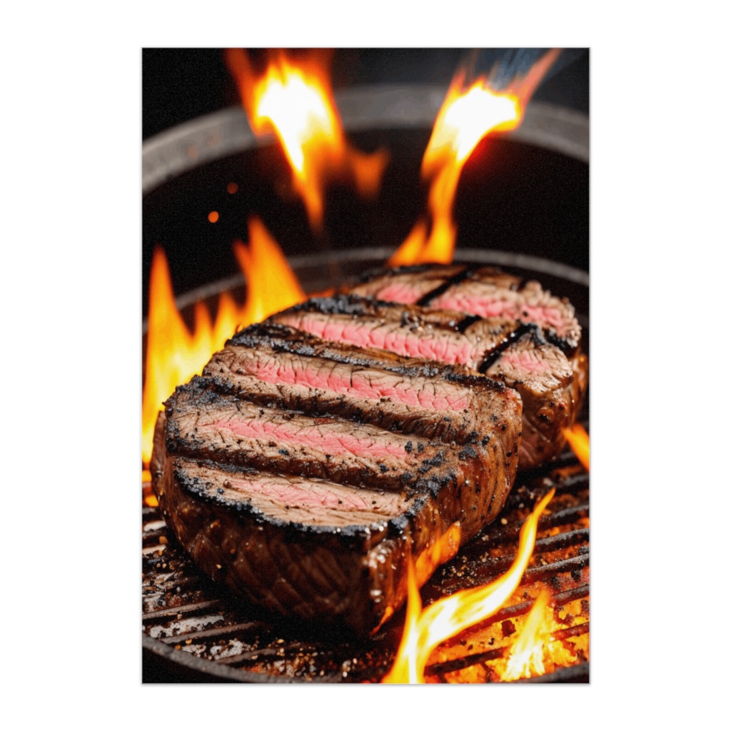 炎で焼かれるステーキのシネマティックポスター