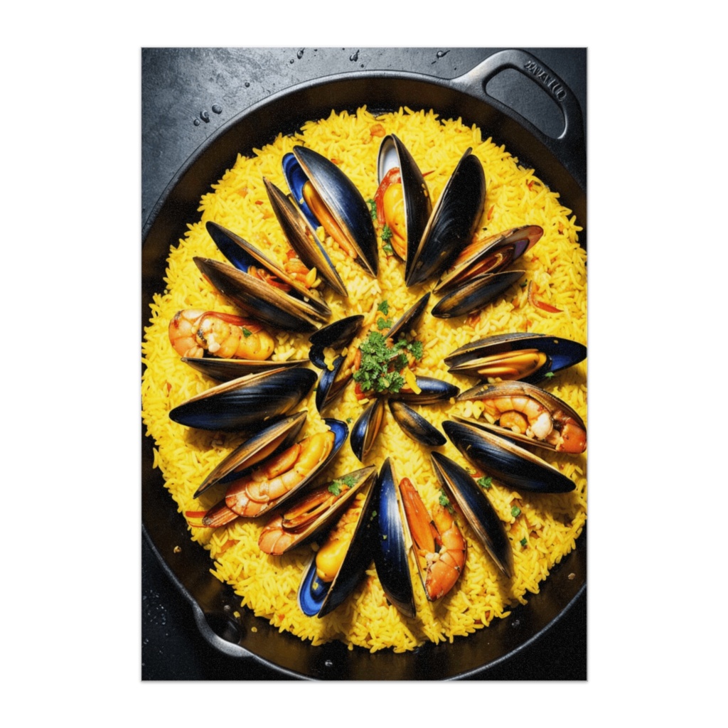 海鮮パエリアの華やかなシネマティックポスター
