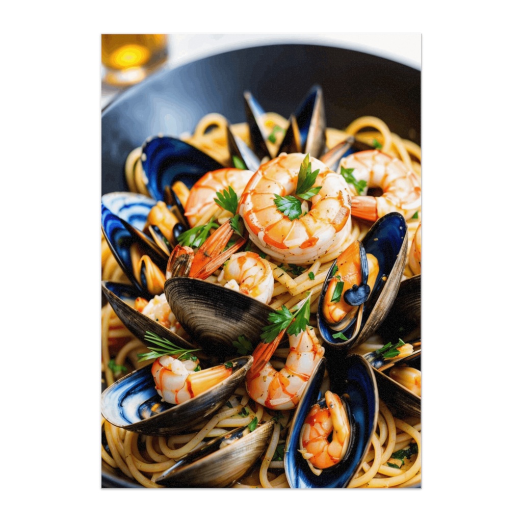 海鮮パスタの華やかなシネマティックポスター