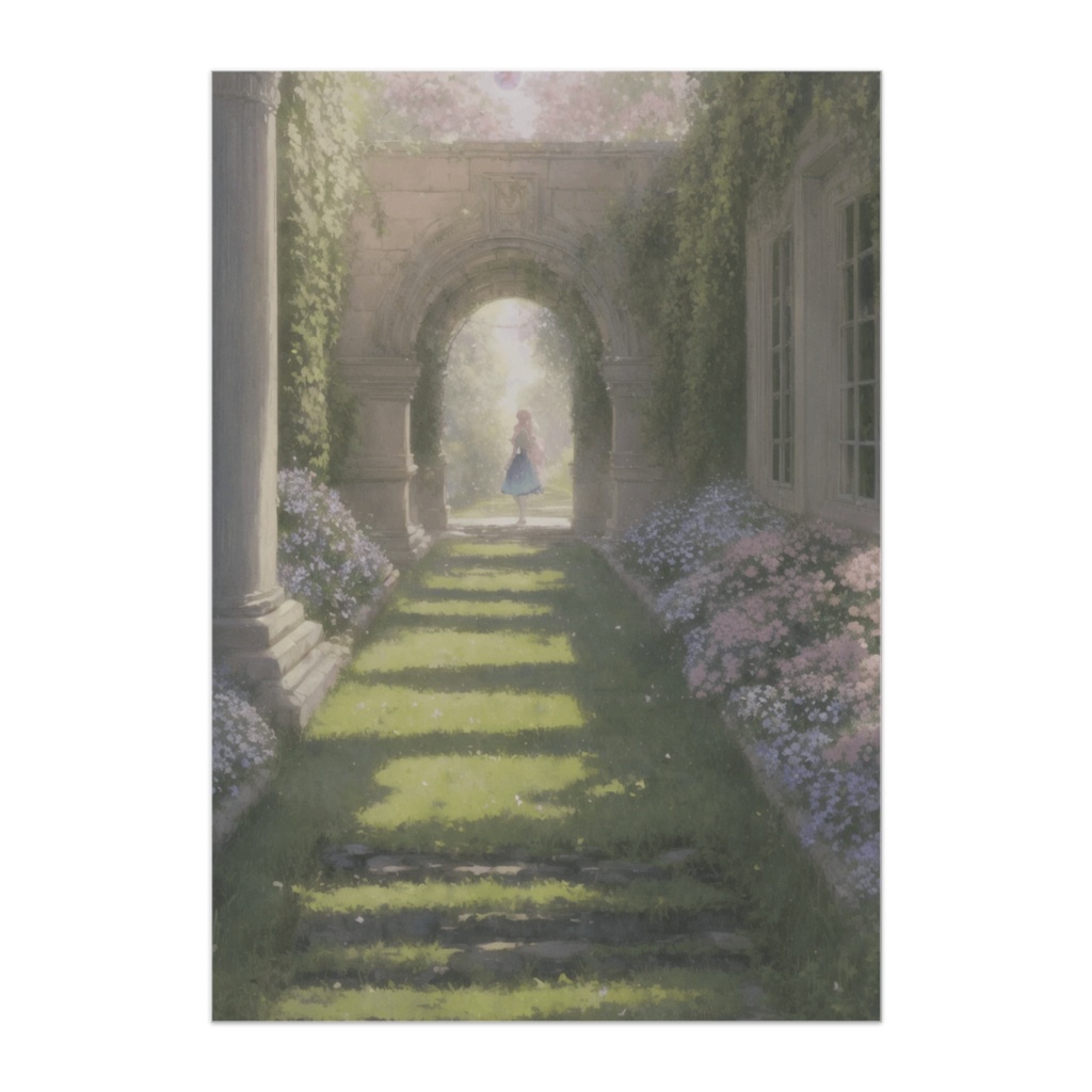 花咲く小道を歩く少女の幻想ガーデンポスター