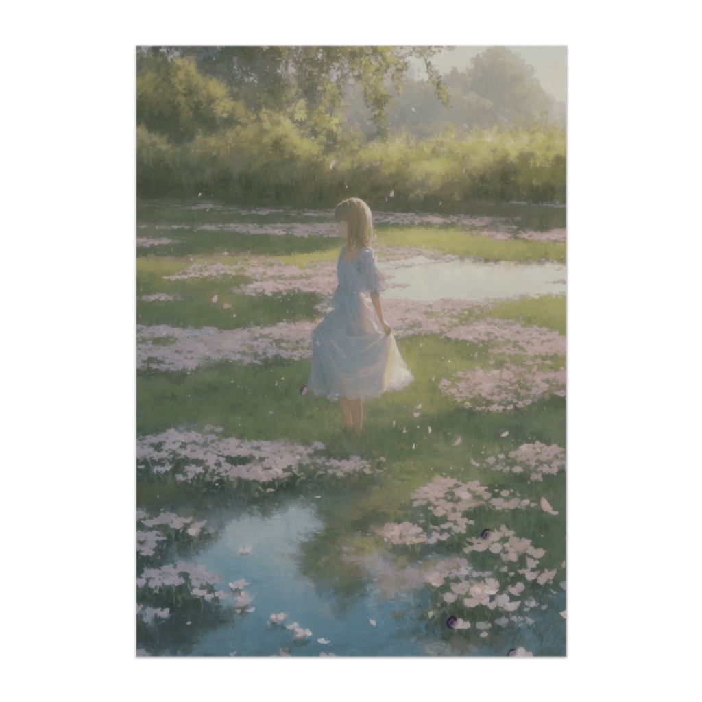 花の水辺に立つ少女の幻想ポスター