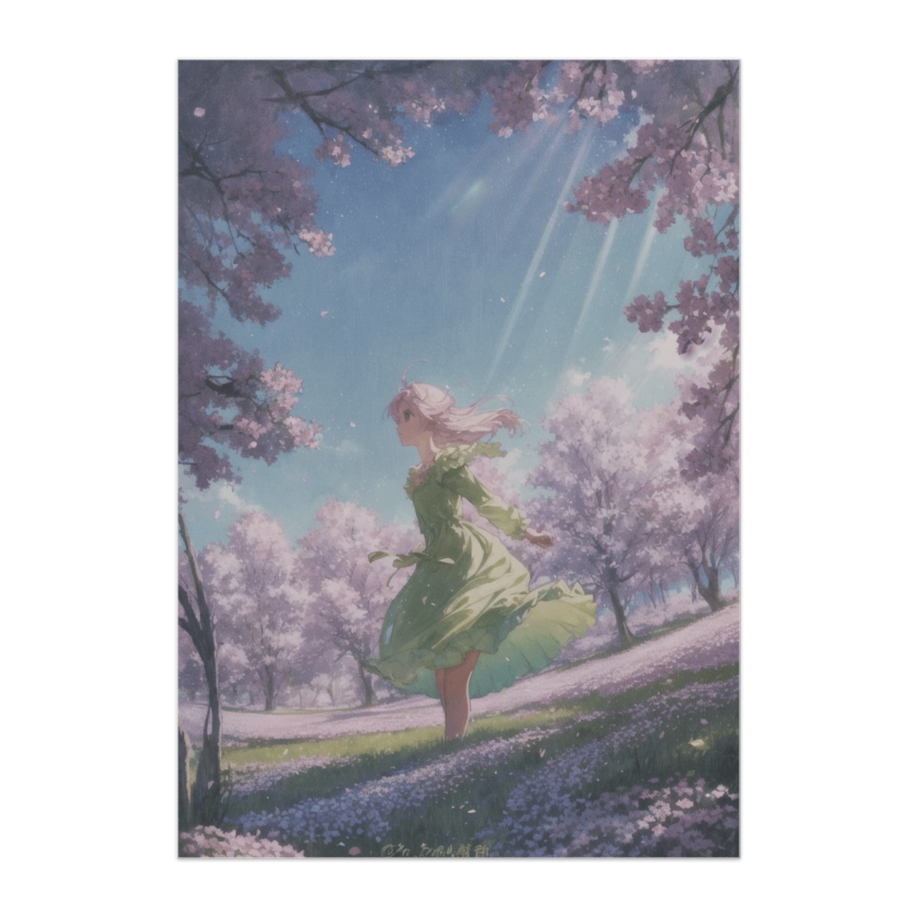桜の空を見上げる少女の幻想ポスター