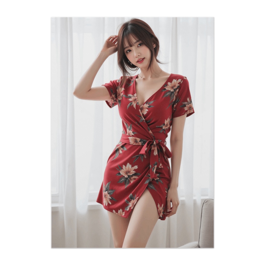 フローラルレッドドレス｜華やかエレガントポスターデザイン