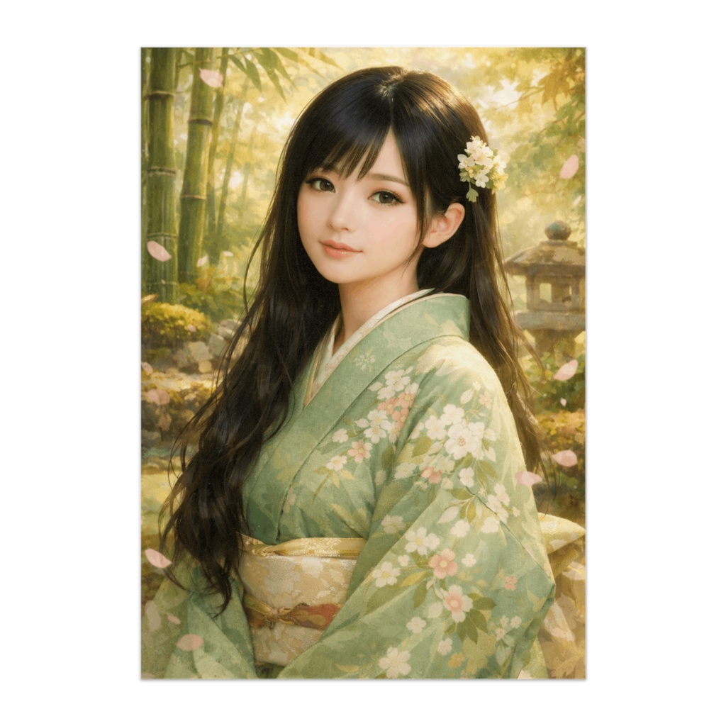 日本人形の美 ― 緑に包まれる和庭園の癒しポスター