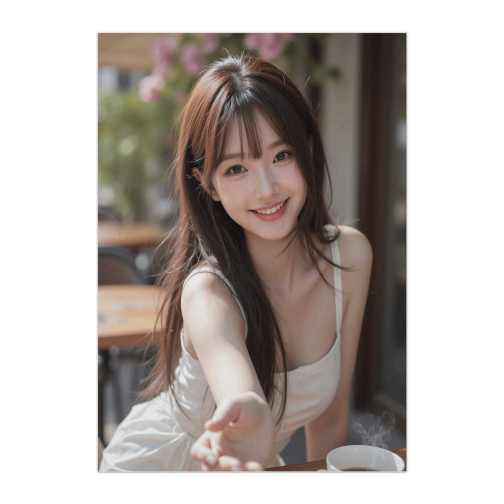 春のカフェで手を差し伸べる彼女ポスター