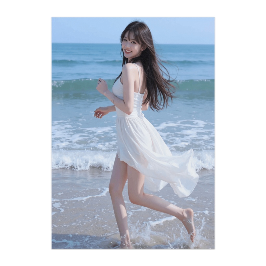 波打ち際、ふざけて逃げる君