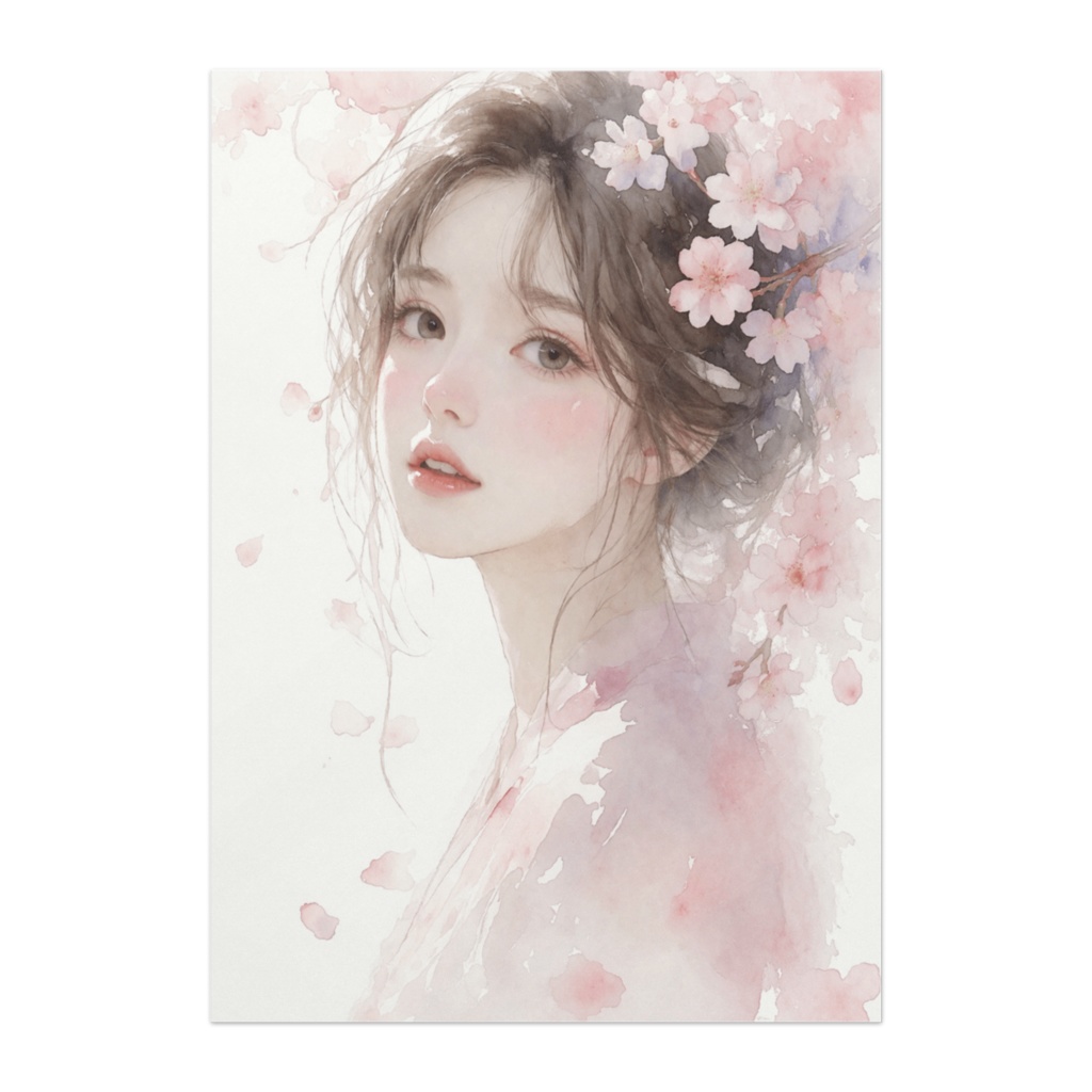 桜に包まれる少女の横顔 – 水彩風ポスター