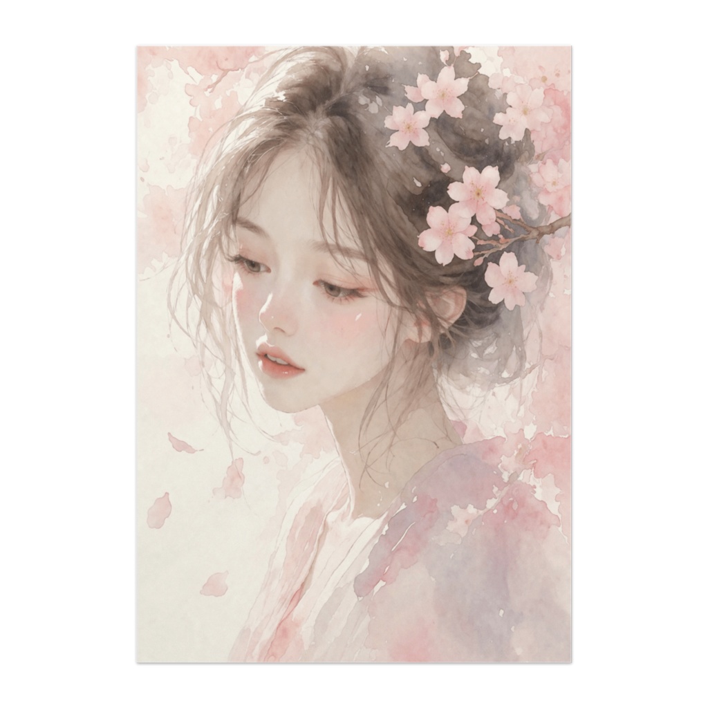 桜の中で想いにふける少女 – 水彩風ポスター