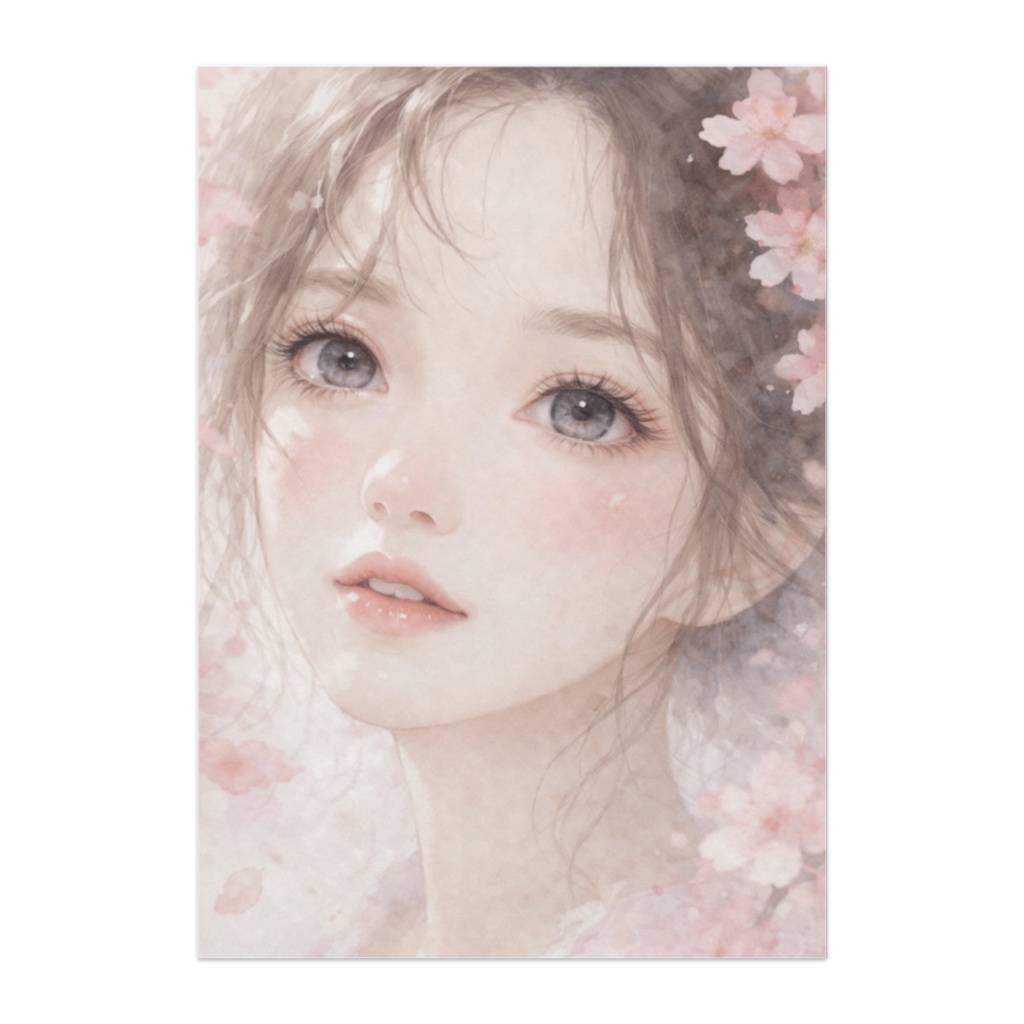 桜に溶ける瞳の少女 – 水彩風クローズアップポスター