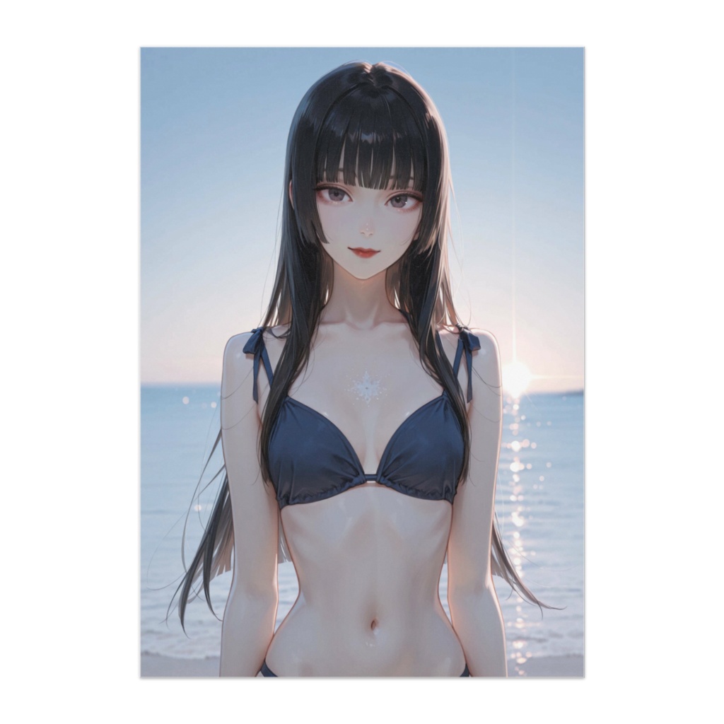 夕凪の海とネイビービキニの少女(アニメ風ポスター)